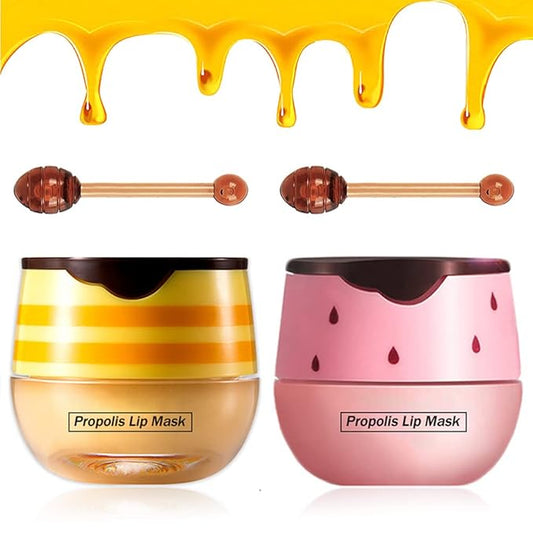 2PCS Bee Lip Balm Honey Pot - Strawberry & Honey Moisturizing Propolis Mask, Hydrating Prevention for Dry and Cracked Skin, Scrubs Exfoliator, Sleep Mask Reduces Lines, Skin Care Products