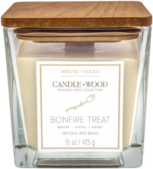 Candle Wood Collection, 15 oz, 1 Wooden Wick, Bonfire Treat, Square Glass Jar Candle