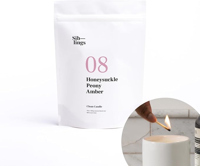 Siblings Candle Making Kit | DIY Coconut-Soy Wax Candle Kit with Wooden Wick | Scent No 08: Honeysuckle, Peony, Amber | Clean, Non-Toxic, Reusable, 60 Hr Burn
