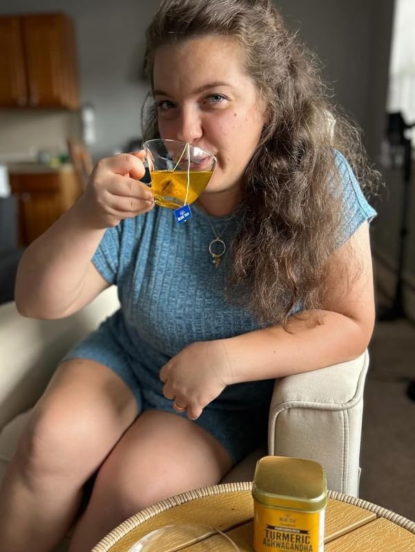 BLUE TEA - Turmeric Tea - Ashwagandha - 15 Count - Plant Based Tea Bag | CURCUMIN RICH - HERBAL BLEND | Herbal Tea - Caffeine Free - Non-GMO - Vegan - Gluten Free - No Sugar | Reusable Tin Pack