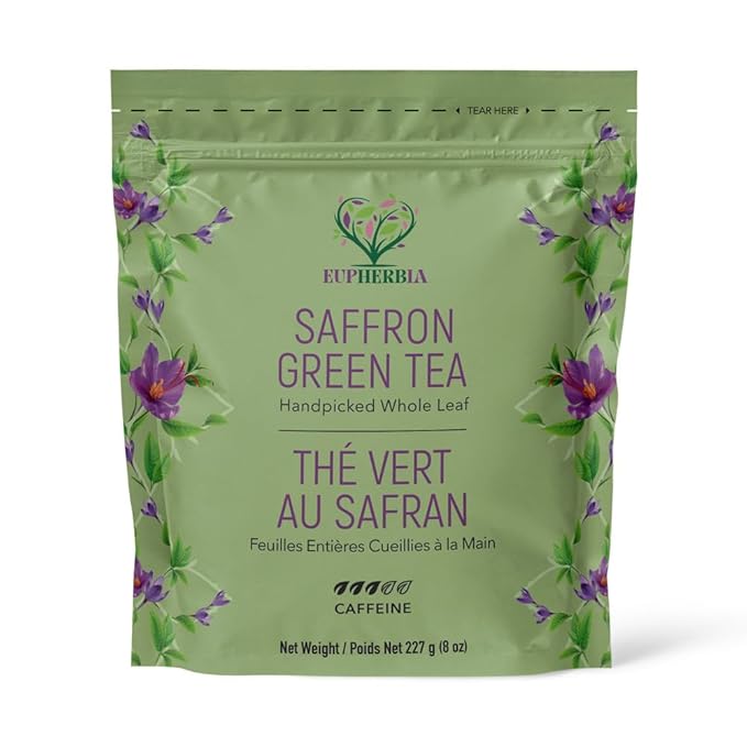 Eupherbia Saffron Green Tea, Handpicked, Highland Grown Whole Leaf Tea, Enriched with 3 Grams of Premium Saffron Threads, Herbaceous, Grassy, Bittersweet, 227g (8 oz)