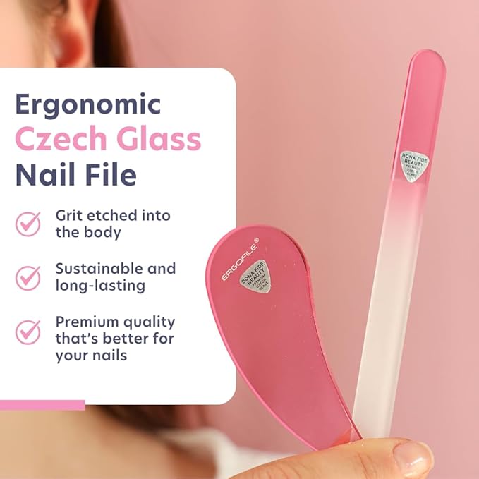 Glass Nail File Set by Bona Fide Beauty - Ergo File - Premium Nail Care Tools Genuine Czech Glass (Pink)