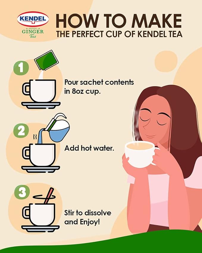 Kendel Instant Ginger Honey Tea, Caffeine Free (10 Sachets). Soothing flavor, Non-GMO