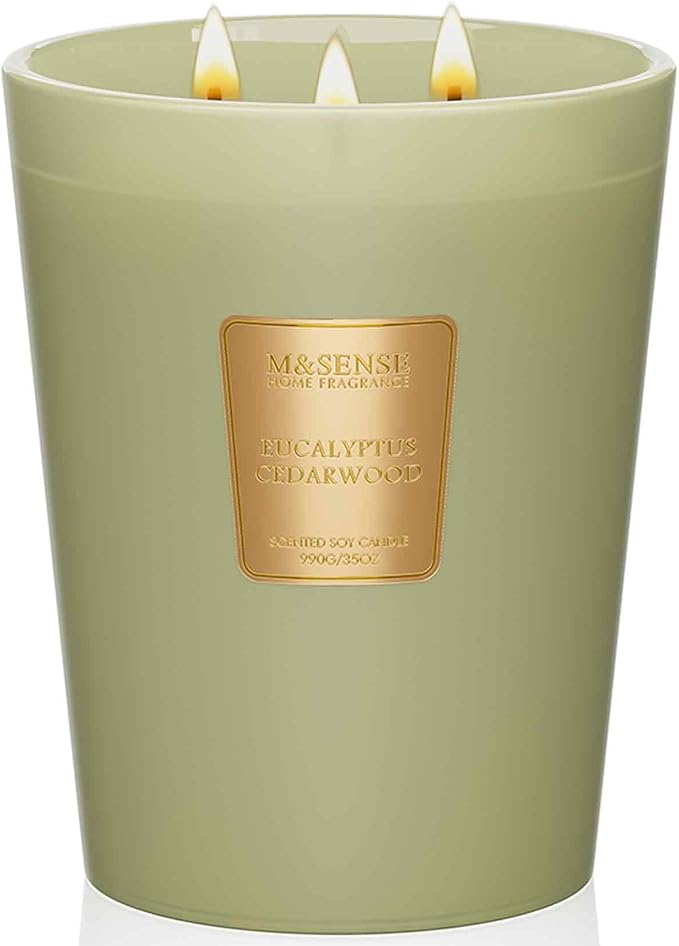 M&SENSE Eucalyptus & Cedarwood Scented Candle, 3 Wick 35oz Natural Soy Wax Candles for Home Scented, Green Candles Gift for Spring, 150 Hours Long Lasting Slow Burning