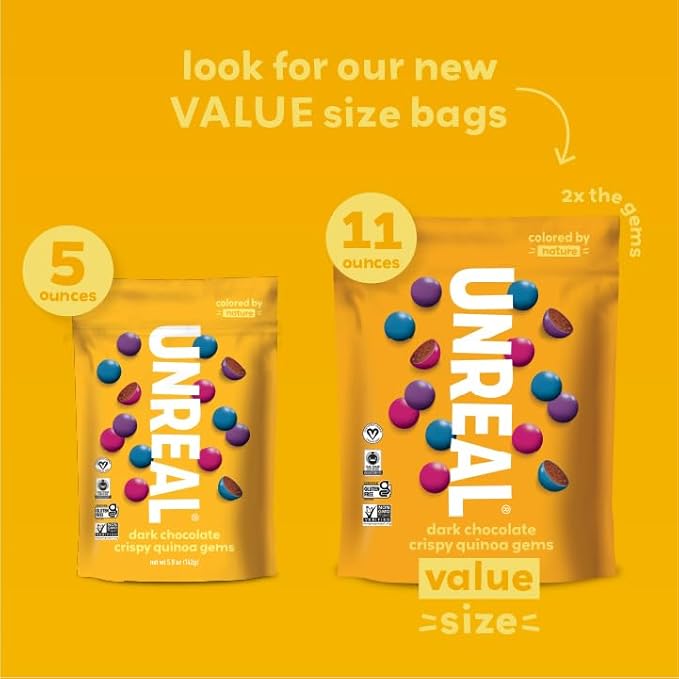 UNREAL Dark Chocolate Quinoa Gems (Value Size Bag) | Vegan, Colors from Nature | Fair Trade, Non-GMO | Gluten Free, No Sugar Alcohols or Soy | 11oz