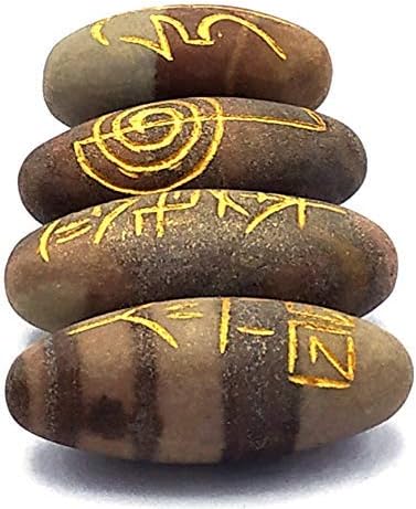 Amazing Gemstone Shiva Lingam Crystal Reiki Stones with Engraved Symbols for Usui Reiki Healing, Set of 4 Pcs (Indian Handmade Reiki Gift Set)