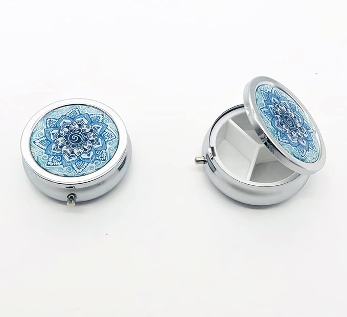 Blue Marble Pill Box Purse Pocket Small Round Silver Pill Case Decorative Box Metal Medicine Vitamin Pill Organizer Portable Unique Gift