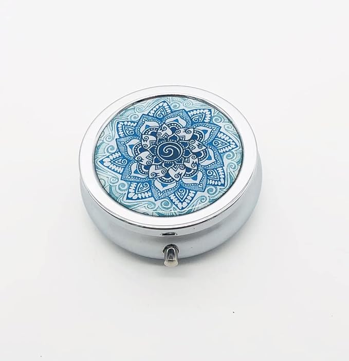 Blue Marble Pill Box Purse Pocket Small Round Silver Pill Case Decorative Box Metal Medicine Vitamin Pill Organizer Portable Unique Gift