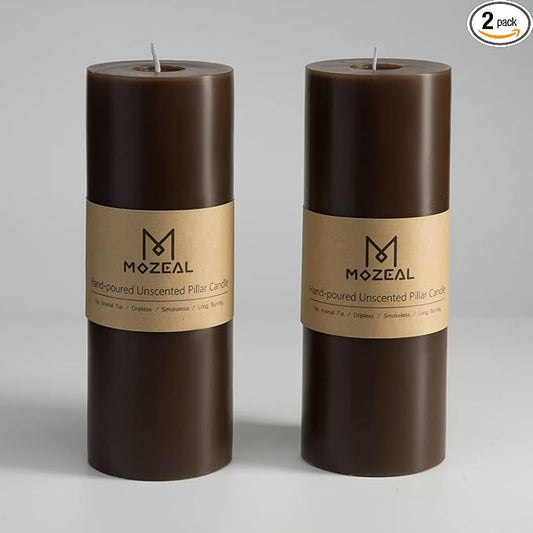MOZEAL 3" x 8" Hand-Poured Unscented Large Candle,Smokeless Rustic Pillar Candle Set of 2,Slow Burn,No Drip,Approx 150 Hours Burning,Wedding,Dinner,Christmas and Home Decorative,Tall Brown Candle
