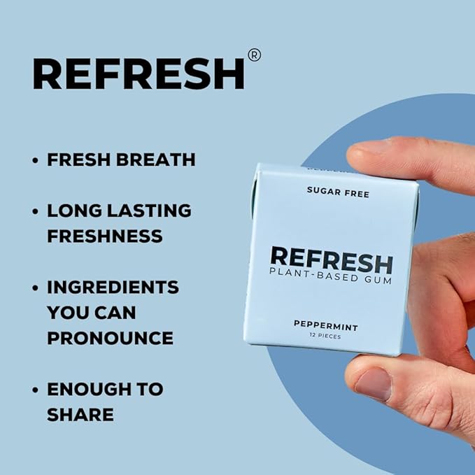 Refresh Gum, Xylitol, Natural, Sugar Free, Plastic Free, Natural Flavors & Organic Ingredients, Plant-Based, Low Calorie, Non GMO, Gluten Free, Vegan, Peppermint, 12 Pcs, 12 Pck