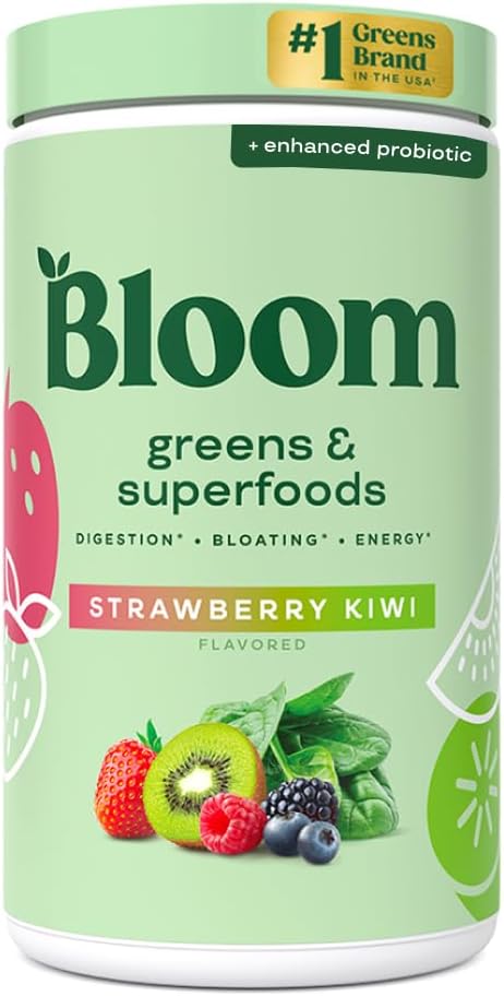 Bloom Nutrition Superfood Greens Powder, Digestive Enzymes with Probiotics and Prebiotics, Gut Health, Bloating Relief for Women, Chlorella, Green Juice Mix w Beet Root Powder, 60 SVG, Strawberry Kiwi