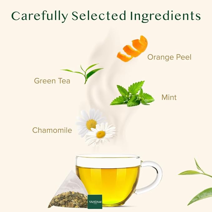 VAHDAM, Chamomile Mint Citrus Green Tea Bags (100 Count) Low Caffeine, Non GMO, Gluten Free | Sweet & Floral | Resealable Ziplock Pouch | Chamomile Tea Bags