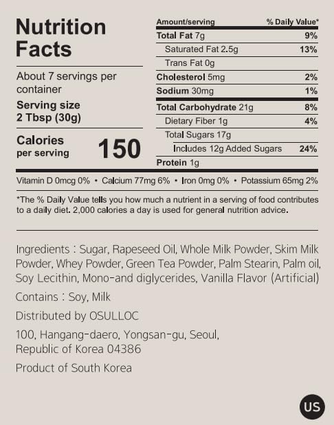 OSULLOC Green Tea Milk Spread (7.05 oz, 200g), Made of Finest Matcha from Jeju Island, Matcha-Infused Spreads