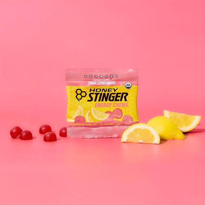 Honey Stinger Organic Pink Lemonade Energy Chew, Gluten Free & Caffeine Free, for Exercise, Running and Performance, Sports Nutrition for Home & Gym, Pre and Mid Workout, 12 Pack, 21.6 Ounce