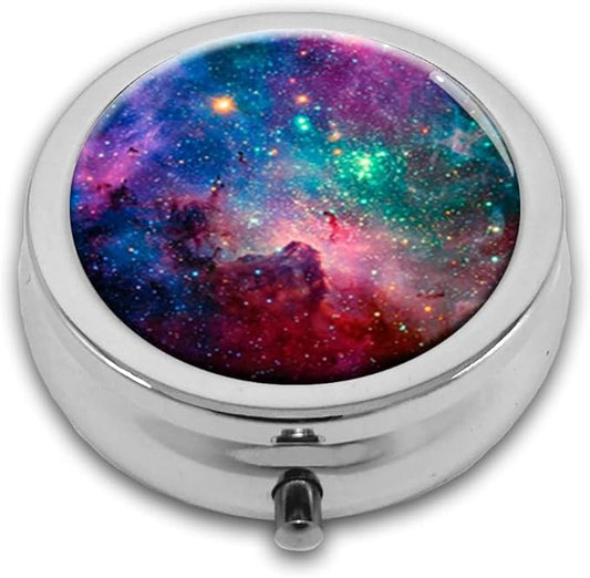 Generoc Galaxy Space Universe Pill Box Purse Pocket Small Round Silver Pill Case Decorative Box Metal Medicine Vitamin Pill Organizer Portable Unique Gift