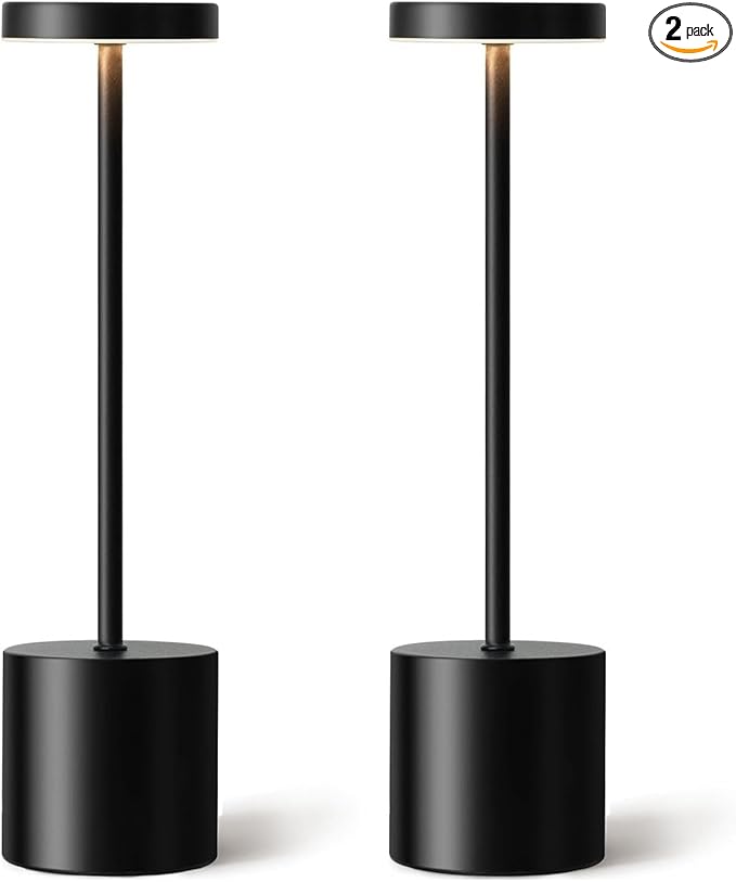 2 Pack LED Cordless Table Lamps, 3 Color Stepless Dimming Battery Powered Lamp, Portable Rechargeable Table Lamp for Dinner/Bars/Patio/Restaurant/Bedroom (Black)