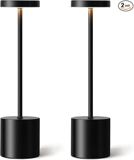 2 Pack LED Cordless Table Lamps, 3 Color Stepless Dimming Battery Powered Lamp, Portable Rechargeable Table Lamp for Dinner/Bars/Patio/Restaurant/Bedroom (Black)