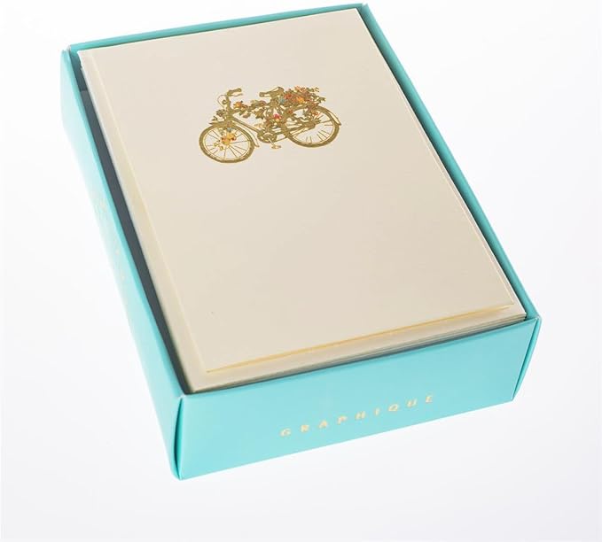Graphique Flower Bicycle La Petite Presse Boxed Notecards, 10 Embellished Gold Foil Blank Cards with Matching Envelopes and Storage Box, 3.25" x 4.75"