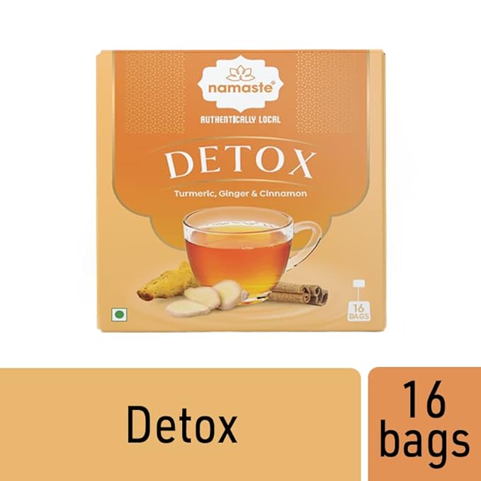 Namaste Chai Detox Herbal Green Tea With Turmeric, Ginger and Cinnamon Caffeine Free | 16 Sachets Dip Bag
