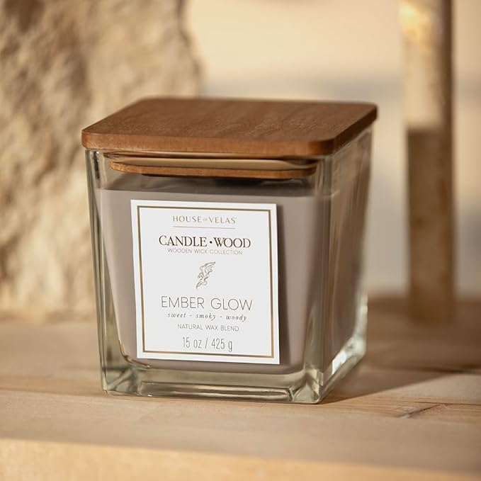 Candle Wood Collection, 15 oz, 1 Wooden Wick, Ember Glow, Square Glass Jar Candle