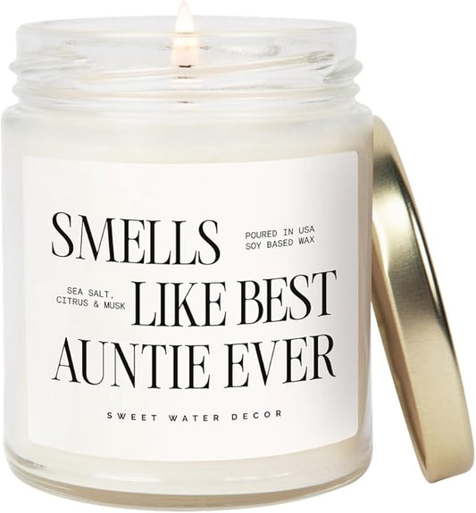 Sweet Water Decor Smells Like Best Auntie Ever Candle 9oz, Non-Toxic Soy Wax, Glass Jar with Gold Lid, Sea Salt Citrus Scent, Gift for New Aunt, Pregnancy Reveal, Baby Shower, Birthday & Mother’s Day