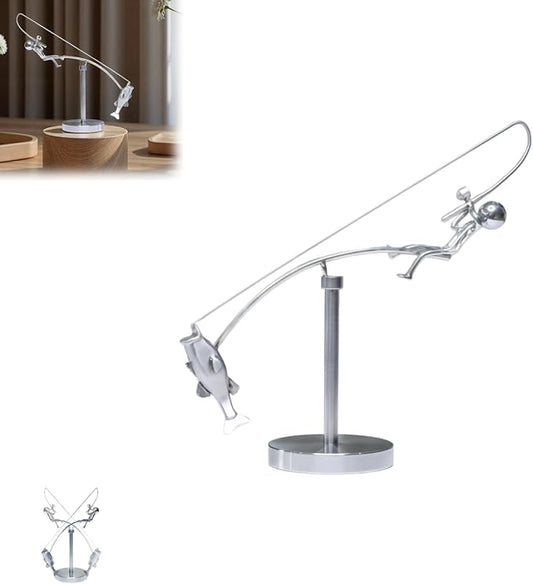 Fisherman Balance Sculpture: Balancing Fisherman, Balancing Sculpture, Stainless Steel Physical Desktop Fishing Decoration, Household Kinetic Desktop Toy. (2)