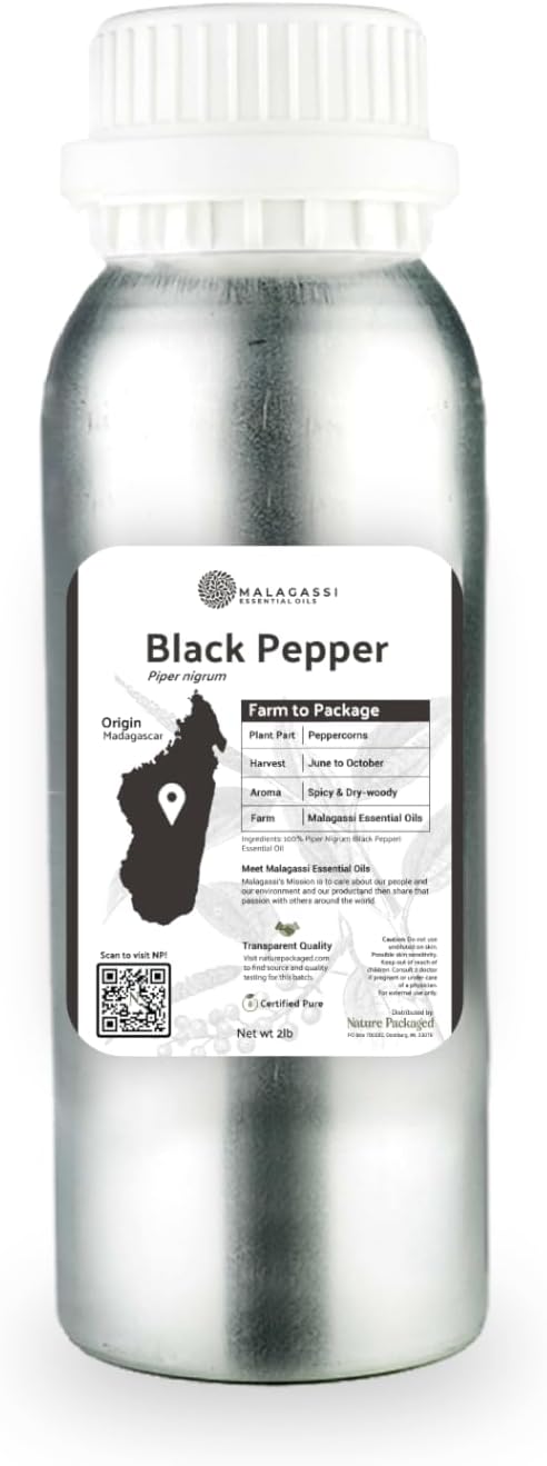 Black Pepper Essential Oil - Direct from Madagascar Farms - Steam Distilled - Aceite Pimienta Negra for Aromatherapy, Massage, Diffuser, DIY Candle and Soap Making - 2lbs