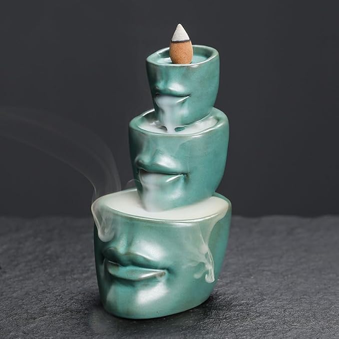 Comeon Backflow Incense Burner Holder, Face Handicraft Decor, Resin Reverse Flow Incense Burner Censer Cone + 20 Backflow Incense Cones 30 Incense Sticks 1 Tweezer 1 Mat (Matte Green)