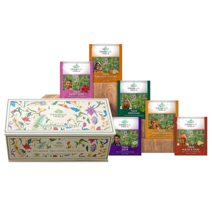 Organic India Tea Sampler Box Variety Pack - Tulsi Herbal Tea Gift Set, Hot Tea Assortment, Holy Basil, Ashwagandha, Turmeric Ginger, Sweet Rose, Original, Sleep, Masala Chai - 60 Tea Bags