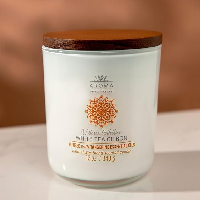Aroma from Nature Wellness Collection Candle, 12 oz, 2 Cotton Wicks, White Tea Citron, Large Painted Jar