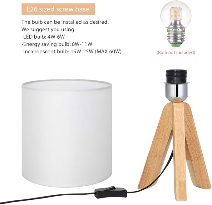 HAITRAL Small Bedside Table Lamp - Wooden Tripod Nightstand Lamp for Bedroom, Living Room, Office, Farmhouse, Home with Fabric Shade, White