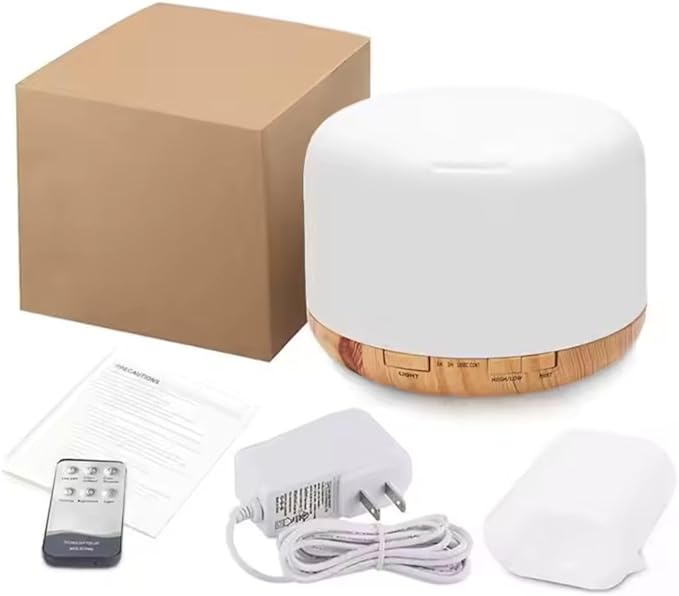 500ml Home/Office Aroma Diffuser with Multi-Color Lighting for Night Stand, Desk, Table, Essential & Fragrant Oil Vaporizer, Remote Control, Timer & Auto-Off Switch, Brown, Premium