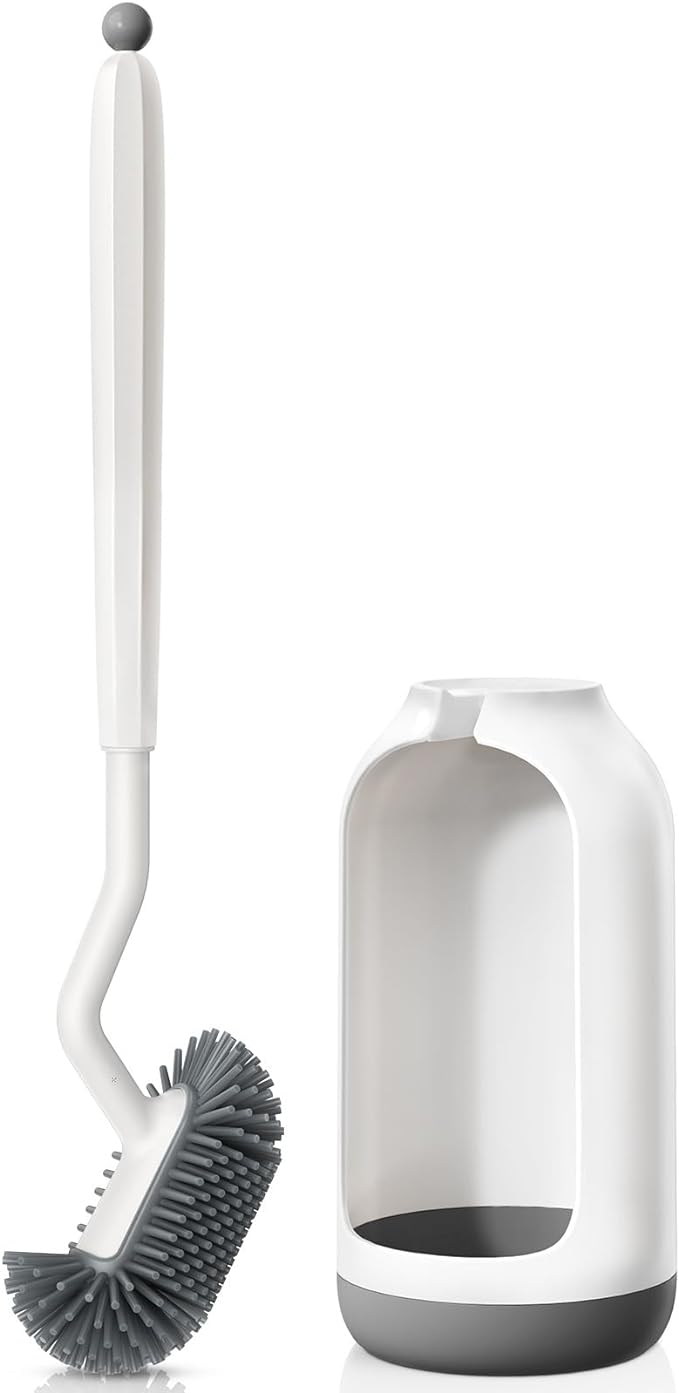 HAMITOR Toilet Bowl Brush Holder Set: Deep Cleaning Silicone Toilet Cleaner Scrubber Under Rim with Curved Bristle for Bathroom Dead Corner Clean - Modern Rv Toilet Decorative Accessories - White