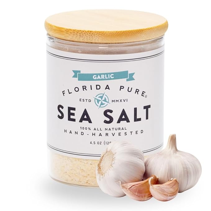 FLORIDA PURE Garlic Sea Salt - 80+ Mineral Sea Salt, Natural, Unrefined, Non Iodized - for Baking, Cooking, Seasoning & Enhancing Taste - Rich Taste Flaky Sea Salt (4.5 oz Jar)
