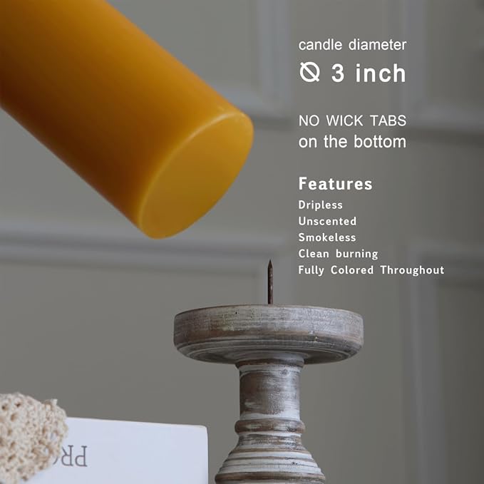 MOZEAL 3" x 8" Hand-Poured Unscented Large Candle, Smokeless Rustic Pillar Candle Set of 2, Slow Burn, No Drip, Approx 150 Hours Burning, Wedding,Harvest and Home Decorative, Tall Spicy Mustard Candle