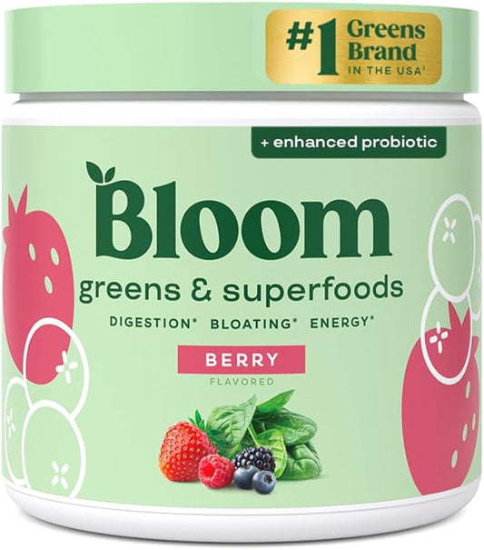 Bloom Nutrition Superfood Greens Powder, Digestive Enzymes with Probiotics and Prebiotics, Gut Health, Bloating Relief for Women, Chlorella, Green Juice Mix with Beet Root Powder, 30 SVG, Berry