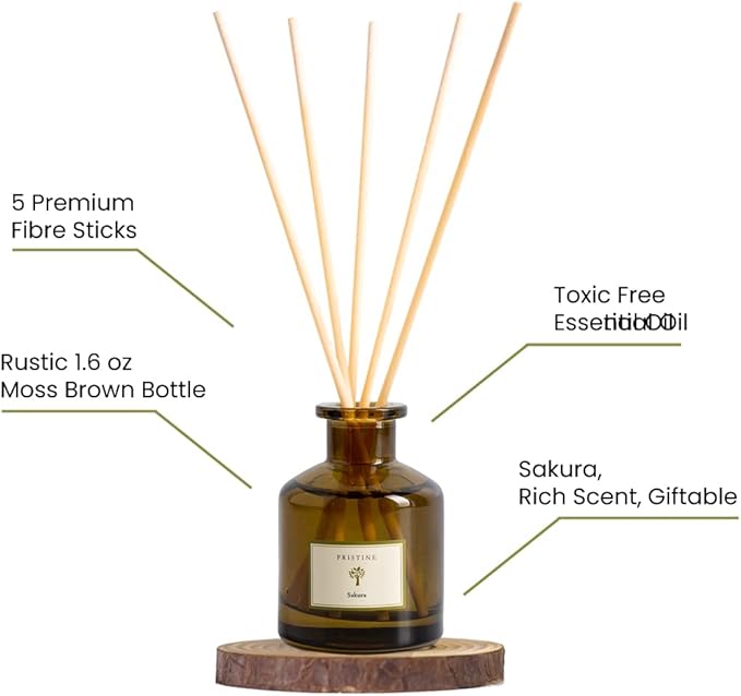 PRISTINE Sakura Reed Diffuser for Home | Cherry Blossom Flower Sakura Oil Diffuser & Reed Diffuser Sticks with Essential Oil Reed Diffuser Set | Home & Office | Perfect Blend for Calming & Restoring