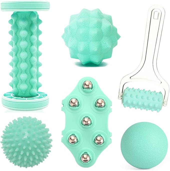 Foot Massage Ball & Foot Rollers 6 in 1 Set with Handheld Roller, Spiky Ball, Lacrosse Ball, Massage Roller, Steel Ball Massager for Relieve Plantar Fasciitis, Deep and Superficial