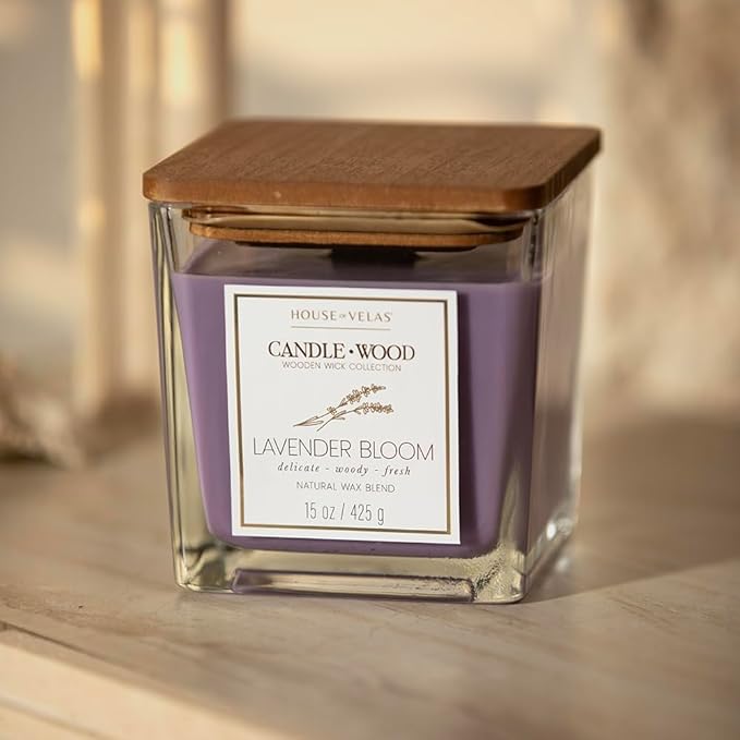 Candle Wood Collection, 15 oz, 1 Wooden Wick, Lavender Bloom, Square Glass Jar Candle