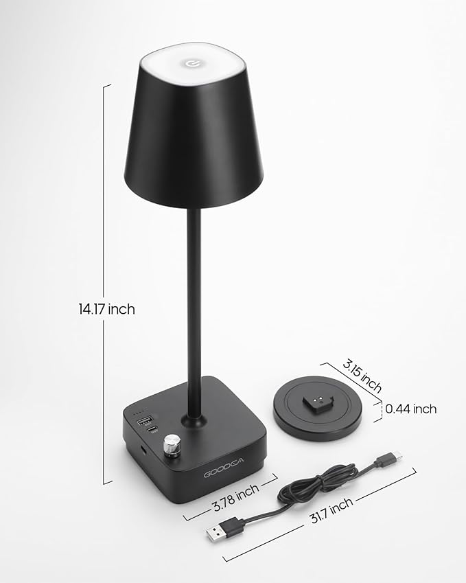 2 Pack Cordless Table Lamp with Charging Base, Rechargeable 6000mAh Battery Operated Lamp, 3 Color Dimmable Portable Table Light for Restaurant, Bedroom, Home, Kitchen Counter