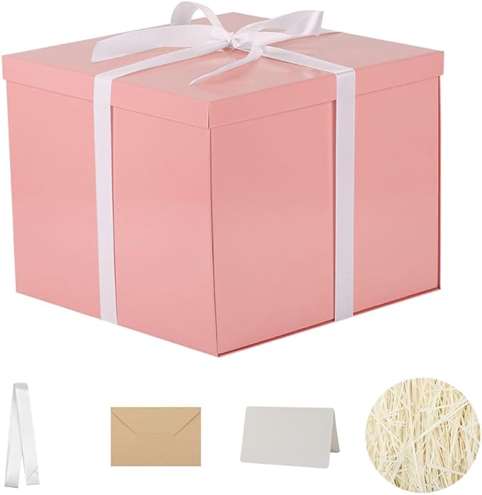 Gift Box with Lid 7x7x6.5 Inches, Pink Gift Boxes for presents Packaging for Birthdays, Valentine's Day, Christmas, Anniversaries (Include Shredded Paper Fill, Envelope Card Ribbon)