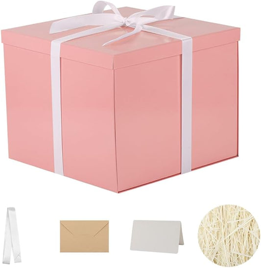 Large Gift Box with Lid 12.5x12.5x10 Inches, Pink Gift Boxes for presents Packaging for Birthdays, Valentine's Day, Christmas, Anniversaries (Include Shredded Paper Fill, Envelope Card Ribbon)