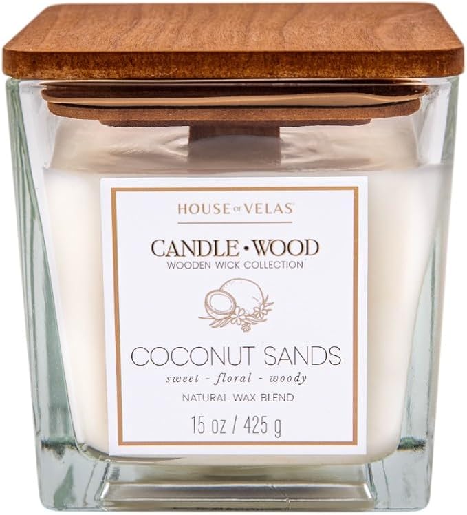 Candle Wood Collection, 15 oz, 1 Wooden Wick, Coconut Sands, Square Glass Jar Candle