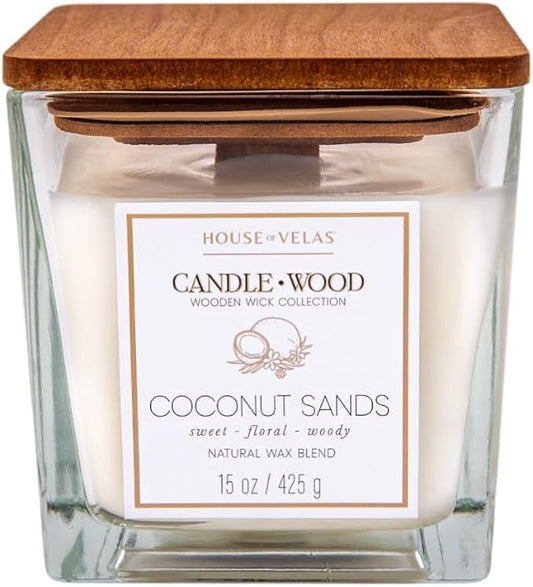 Candle Wood Collection, 15 oz, 1 Wooden Wick, Coconut Sands, Square Glass Jar Candle