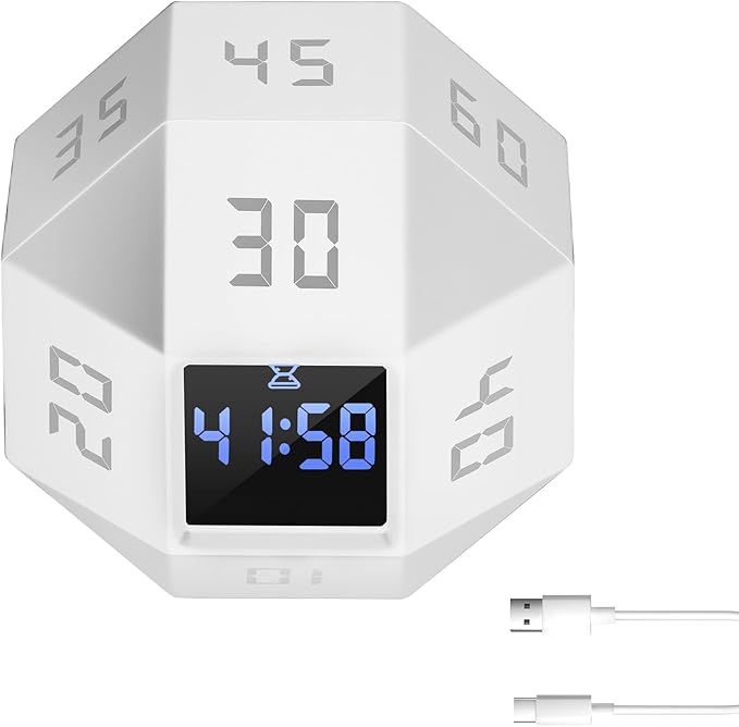 Flip Gravity Timer - 12-Side Time Management Cube with Preset Intervals, Silent Productivity Tool for Office, Study & Gym, Portable Focus Timer (White)
