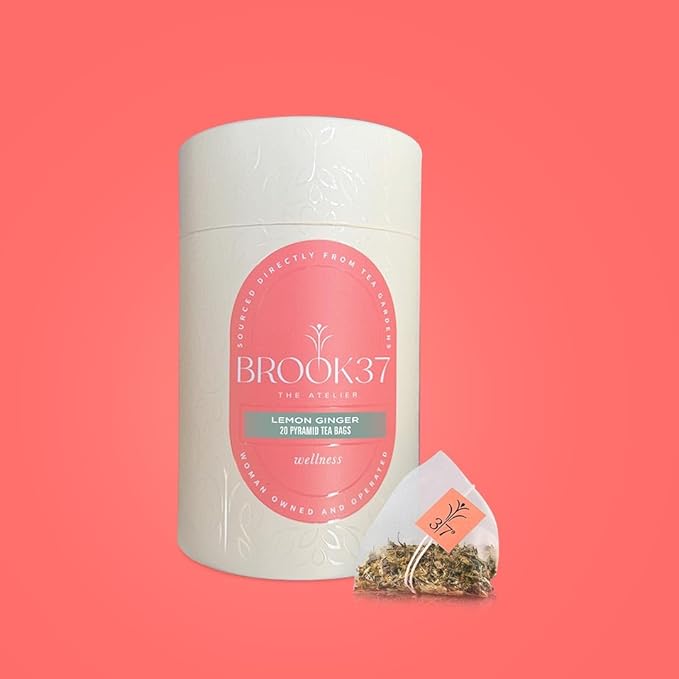 Brook37 Lemon Ginger Eco Herbal Green Tea - Wellness Tea Blend with Real Ginger, Lemongrass, Tulsi & Moringa | Low Caffeine, Digestive Aid | 20 Biodegradable Pyramid Tea Bags | Elegant Gift for Tea Lovers