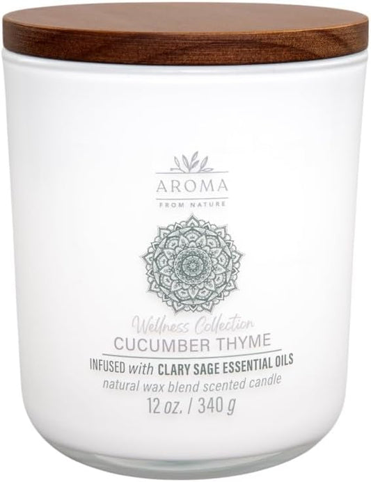Aroma from Nature Wellness Collection Candle, 12 oz, 2 Cotton Wicks, Cucumber Thyme, Large Painted Jar