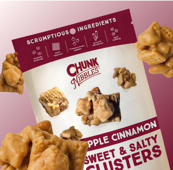 Chunk Nibbles Apple Cinnamon Snack Clusters - Award-Winning Blend with Real Apples, Pretzels & Corn Squares - Cozy Fall Flavor, Handcrafted - Gourmet Treat - 4.25oz Resealable Pouch (3 Pack)