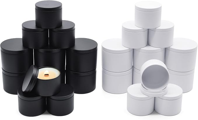 24-Pack White and Black Candle Jars, 12pcs 4oz + 12pcs 8oz Candle Tins for Making Candles, Empty Candle Jars for Making Candles Bulk Candle Containers - White & Black