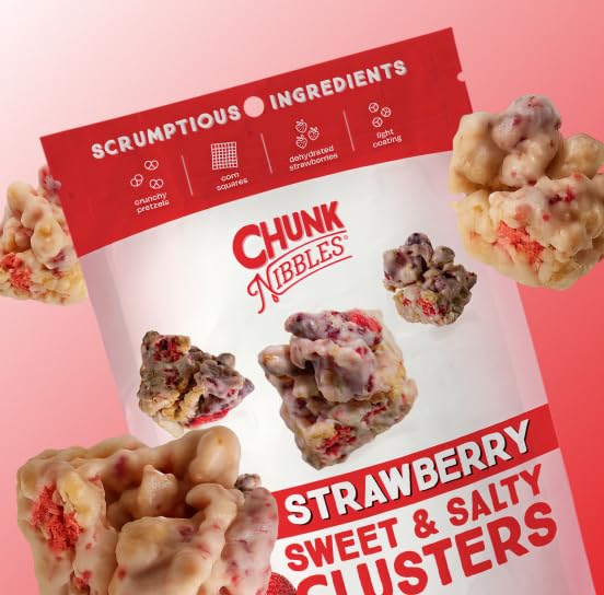 Chunk Nibbles Strawberry Snack Clusters - Real Freeze-Dried Strawberries, Pretzels & Corn Squares - Gourmet Fruity Sweet & Salty Snack, Handcrafted, No Artificial Colors - 4.25oz Resealable Pouch (3 Pack)